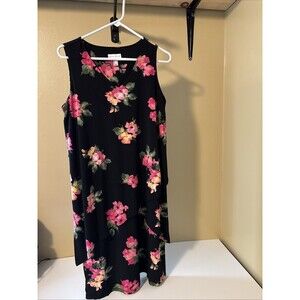 SUSAN GRAVER Floral Black/Pink Colorful Stretch Layered Dress Hawaiian Size S